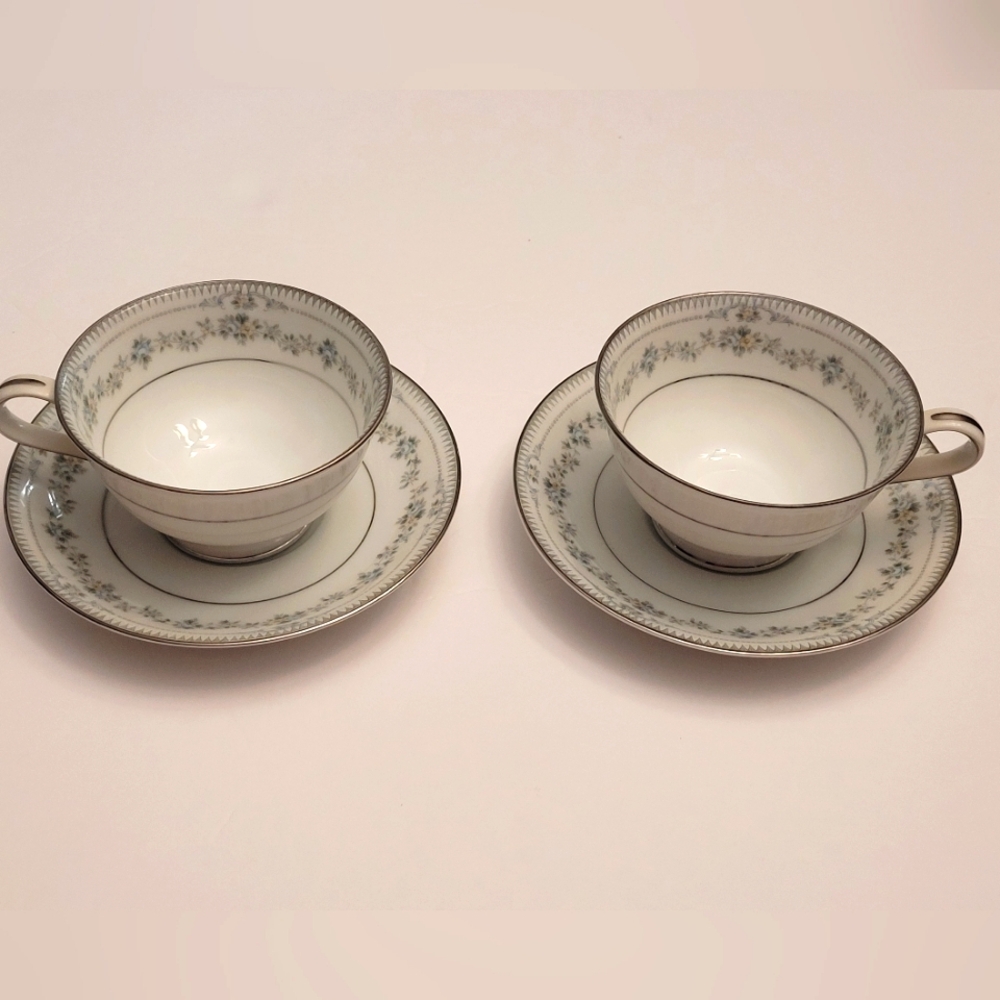 Noritake Norwood 6011 Tea Cup & Saucer Set of 2 Silver Blue White